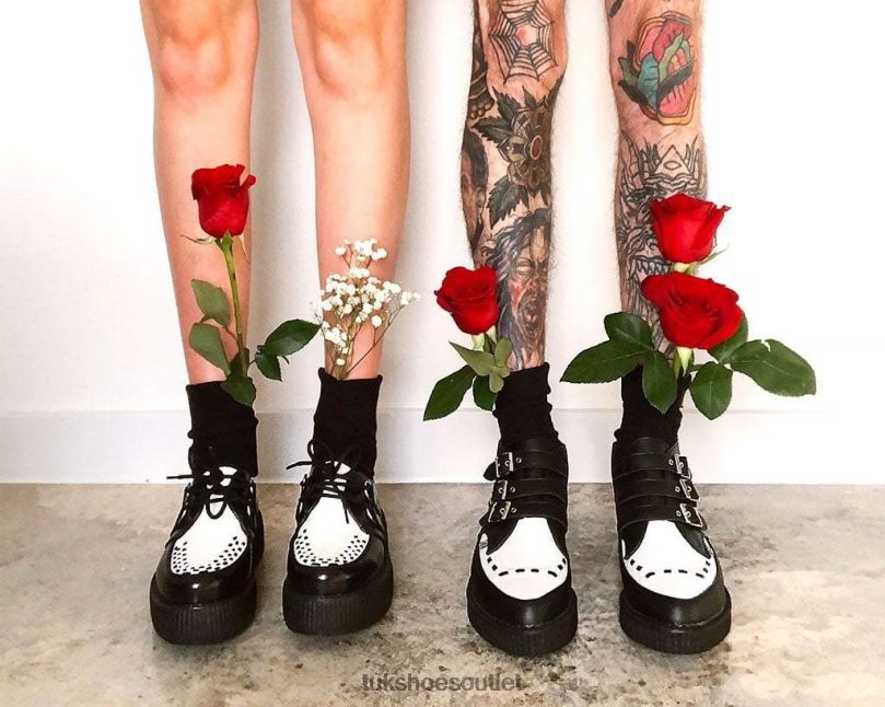 T.U.K. Footwear 3-Buckle Pointed Creeper Boot Women Black/White Footwear HP22815