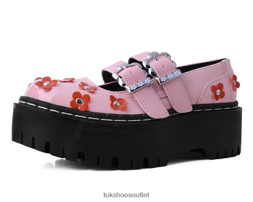 T.U.K. Footwear Patent Flower Double Decker Mary Jane Women Pink/Red Footwear HP228152