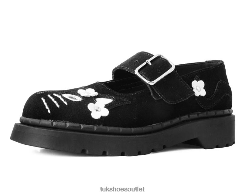 T.U.K. Footwear Suede Kitty Flower Mary Jane Women Black/White Footwear HP228172